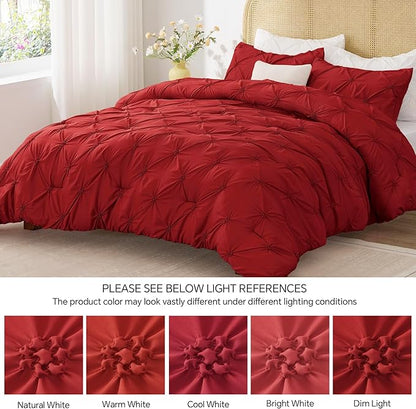 BEDELITE Red King Size Comforter Set - 3 Pieces Boho Pintuck Bedding Comforter Sets, Lightweight Soft & Warm King Bedding Set with 2 Pillowcases for All Season