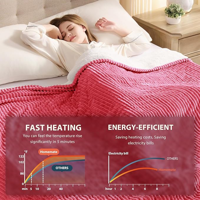 Homemate Electric Heated Blanket Queen Size - 84"x90" Heating Blanket Queen Size Dual Control 1/2/4/6/8 Hours Auto-Off 10 Heat Level Over-Heat Protection Soft Flannel Sherpa ETL Certification