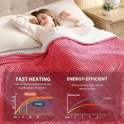 Homemate Electric Heated Blanket Queen Size - 84"x90" Heating Blanket Queen Size Dual Control 1/2/4/6/8 Hours Auto-Off 10 Heat Level Over-Heat Protection Soft Flannel Sherpa ETL Certification