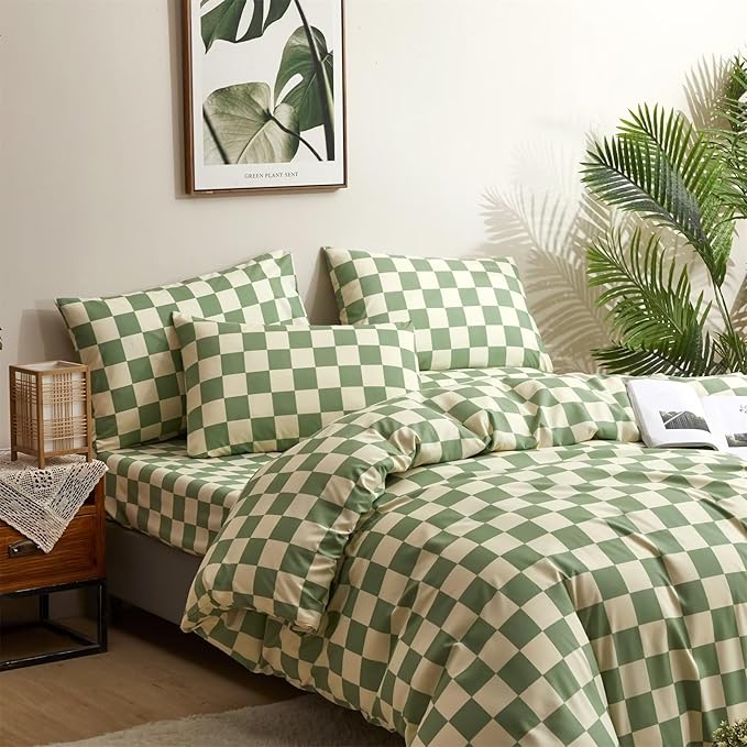 Houseri Sage Green and White Comforter Set King Plaid Light Green Beige Grid Bedding Checkerboard King Size Comforter Sets Women Men Grass Green Buffalo Plaid Comforters King Gingham Bedding Sets King