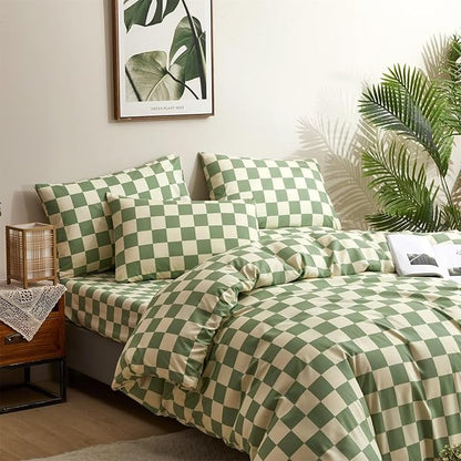 Houseri Green and White Plaid Comforter Set Twin Boys Girls Kids Sage Green Bedding Sets Twin Size Light Green Grid Comforters Soft Beige Green Buffalo Checkered Quilt Light Green Gingham Bed Twin