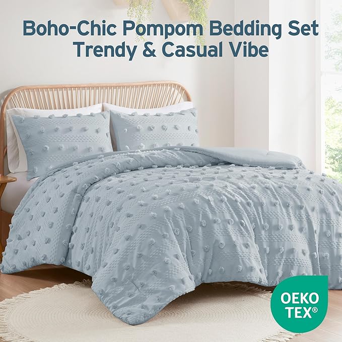 Intelligent Design King Comforter Set, Clipped Jacquard Comforter Set Chic Pompom Accent, All Seasons Lightweight & Fluffy Comforter Bed Set with 2 Shams, Lucy, King/Cal King, Blue 3 Piece