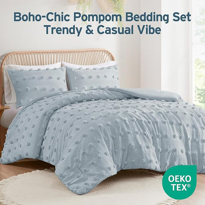 Intelligent Design King Comforter Set, Clipped Jacquard Comforter Set Chic Pompom Accent, All Seasons Lightweight & Fluffy Comforter Bed Set with 2 Shams, Lucy, King/Cal King, Blue 3 Piece