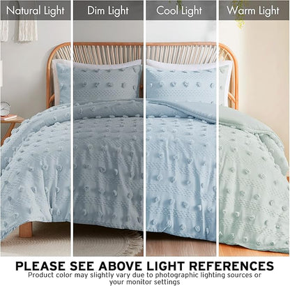Intelligent Design Twin Duvet Cover Set, Clipped Jacquard Duvet Set Chic Pompom Accent, All Seasons Lightweight Microfiber Bed Cover for Comforter with 1 Sham, Lucy, Twin/Twin XL, Blue 2 Piece