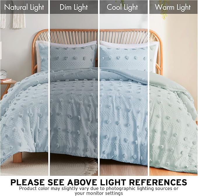 Intelligent Design Queen Duvet Cover Set, Clipped Jacquard Duvet Set Chic Pompom Accent, All Seasons Lightweight Microfiber Bed Cover for Comforter with 2 Shams, Lucy, Full/Queen, Blue 3 Piece