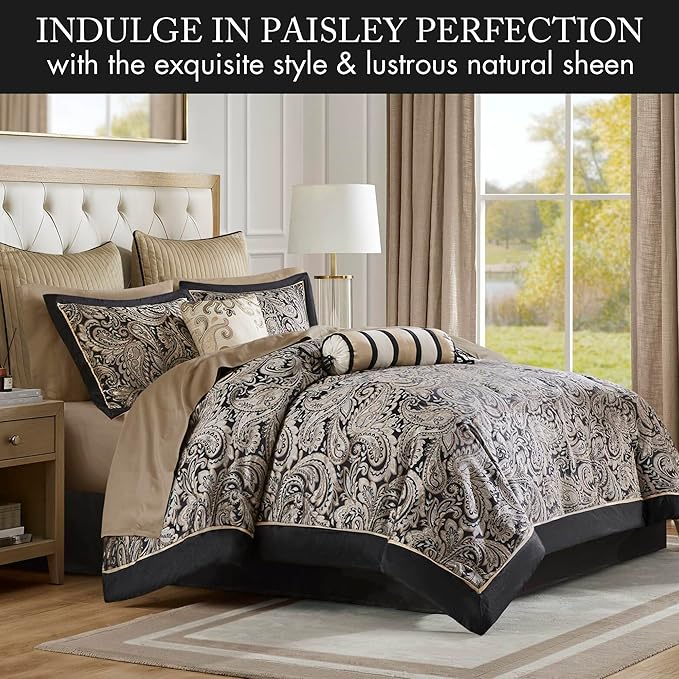 Madison Park Aubrey Cozy Comforter Set, Faux Silk Jacquard Paisley Design - All Season Down Alternative Bedding with Cotton Bed Sheets, Bed Skirt & Toss Pillows, King Black 12 Piece