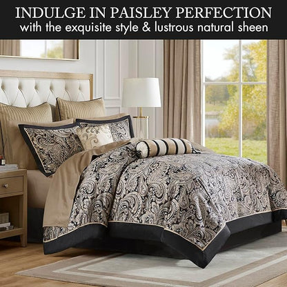 Madison Park Aubrey Cozy Comforter Set, Faux Silk Jacquard Paisley Design - All Season Down Alternative Bedding with Cotton Bed Sheets, Bed Skirt & Toss Pillows, Queen Black 12 Piece