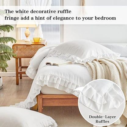 White Ruffle Comforter Set Full/Queen Size, 3-Piece (1 Ruffled Comforter and 2 Pillowcases) Farmhouse Shabby Chic Style with 2 Layers Ruffle, Solid Color Lightweight Fluffy Bedding Sets for All Season