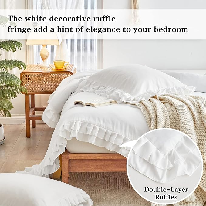 White Ruffled Comforter Set King Size, 3 Pieces (1 Ruffled Comforter and 2 Pillowcases) Farmhouse Shabby Chic Style with 2 Layers Ruffle, Solid Color Lightweight Fluffy Bedding Sets for All Season