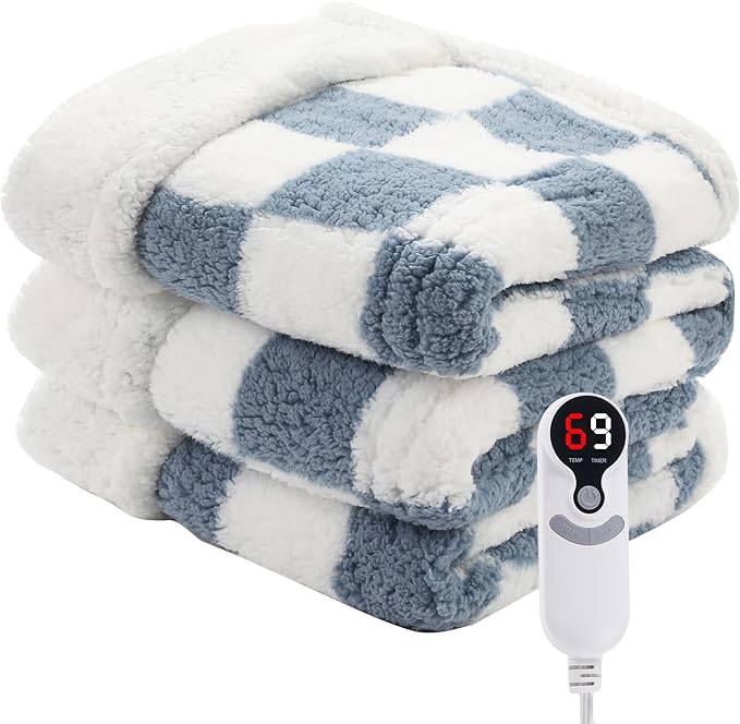 Electric Heated Blanket Full Size 72"×84" with 9 Heating Levels & 1-10Hs Auto Off, Checkered Plaid Double Sided Sherpa, Energy Efficient, Machine Washable, for Couch & Bed, Light Blue