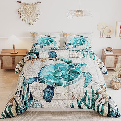Sea Turtle Comforter Sets for Kids Adults,3D Ocean Pattern with Bright Colors,Decorative Bedding Comforter Sets with 2 Pillow Shams, Twin Size