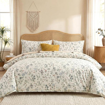Floral Comforter Set Queen Size Green Floral Bedding Set 3 Pieces 100% Cotton Farmhouse Botanical Bedding Breathable Soft Reversible Comforter for All Seasons