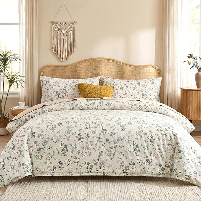 Floral Comforter Set King Size Green Floral Bedding Set 3 Pieces 100% Cotton Farmhouse Botanical Bedding Breathable Soft Reversible Comforter for All Seasons