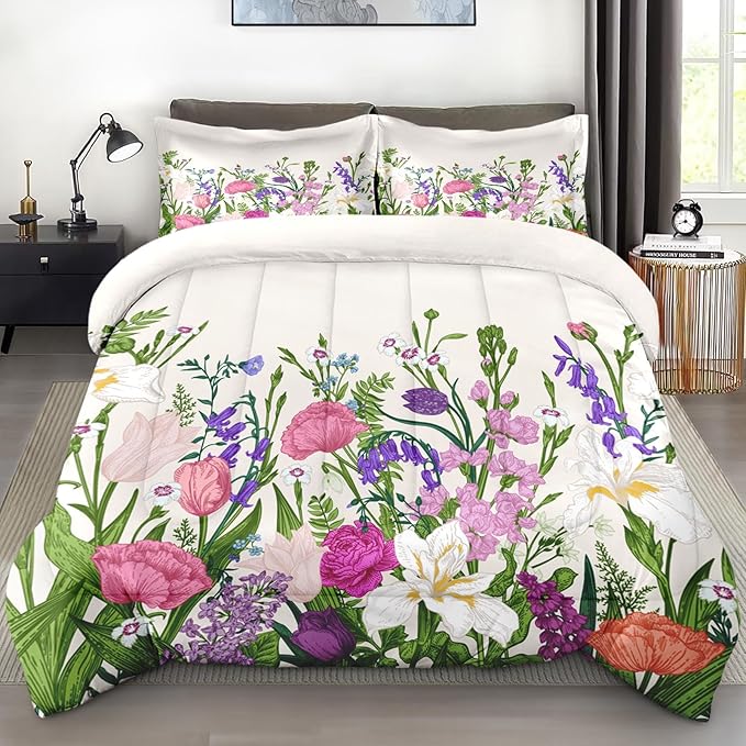Comforter Set Queen Size, Floral Spring Summer 3 Pcs Soft Bedding Set for Kids and Adults, Flower Botanical Tulip Comforter Set with 2 Pillowcases, for Bedroom Bed Decor