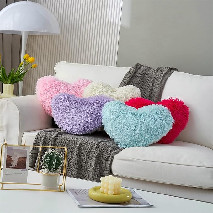 MOOWOO Fluffy Heart Pillow Gift for Girls Kids, Shaggy Plush Faux Fur and Sherpa, Cute Soft Throw Cushion Gift for Thanks Giving,Mothers Day,Valentines Day Decor,Heart Shaped (Blue)