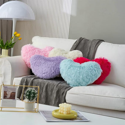 MOOWOO Fluffy Heart Pillow Gift for Girls Kids, Shaggy Plush Faux Fur and Sherpa, Cute Soft Throw Cushion Gift for Thanks Giving,Mothers Day,Valentines Day Decor,Heart Shaped (Blue)