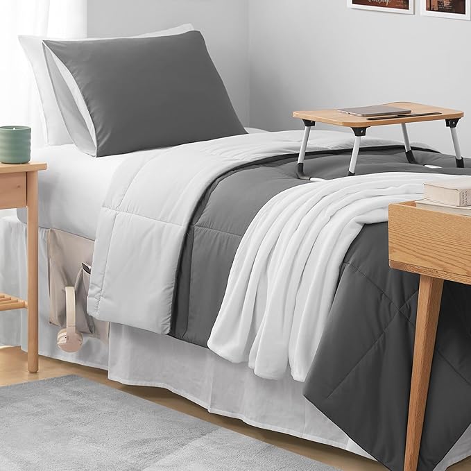 Reversible Box Stitch Comforter Set, 3-Piece King – Dark Grey/Light Grey – Stylish Bedding Set