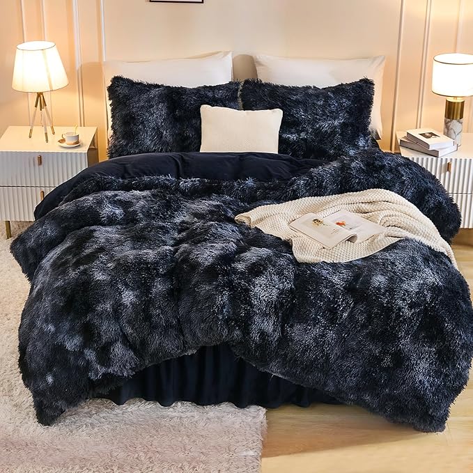 Andency Faux Fur Tie-Dyed Black Blue Comforter for Queen Size Bed, 3 Pieces Fluffy Fuzzy Plush Bedding Comforter Set (1 Shaggy Velvet Comforter & 2 Pillowcases)