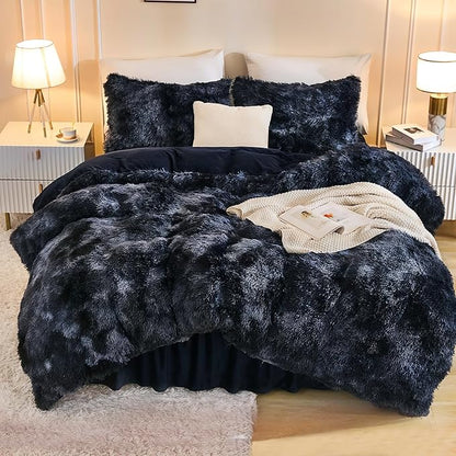 Andency Faux Fur Tie-Dyed Black Blue Comforter King Size, 3 Pieces Fluffy Fuzzy Plush Bedding Comforter Set (1 Shaggy Velvet Comforter & 2 Pillowcases), Soft Puffy Comfy Down Comforter Bedding Set