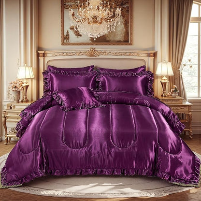 Silk Like Satin Comforter Set with Sheet Set Queen 8 Pcs Purple Satin Bedding Set Silky Ruffle Pattern Home Deocr Luxury Hotel Silky Bed in a Bag with 1 Cushion Cover