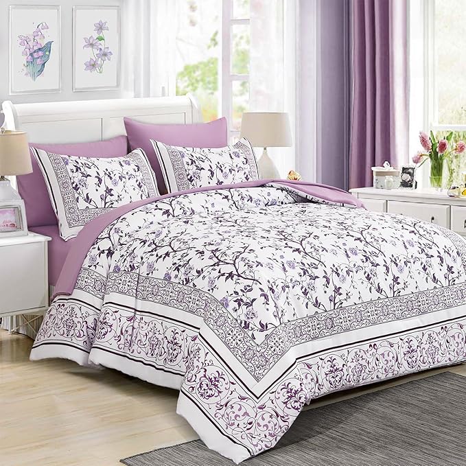 Dobuyly Purple Comforter Set Queen Size, 7 Piece Bed in a Bag Queen Floral Botanical Bedding Set, Soft Microfiber Bedding Comforter Sets with Sheets for All Season