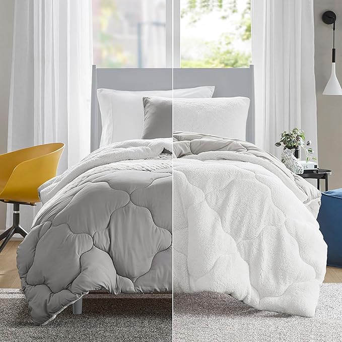 Comfort Spaces Comforter Set, Chic Reversible Quatrefoil Quilting, Sherpa Comforters Twin, All Seasons, Lightweight Microfiber Bedding Set Matching Sham, Vixie, Twin/Twin XL Grey/White 2 Piece