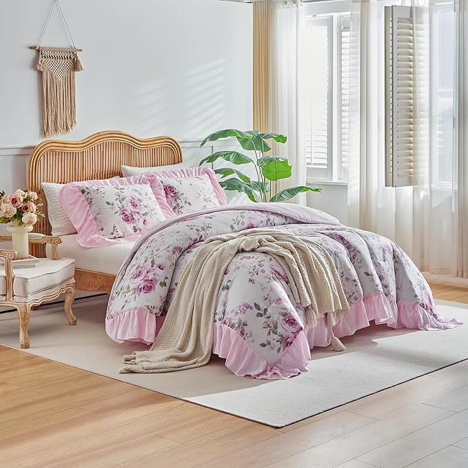 Flower Comforter Set Queen Size 90 * 90in - White Pink Floral Style -3 Pieces Shabby Chic Farmhouse Bedding Set with Ruffled Fringe Rustic Lightweight Botantical Ruffle Comforter with Shams