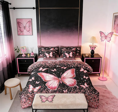 Feelyou Pink Butterfly 7 Piece Bedding Set Glitter Print Comforter Set with Sheets for Kids Boys Girls Pretty Animal Bed in a Bag Beautiful Butterfly Bed Set Soft Lightweight