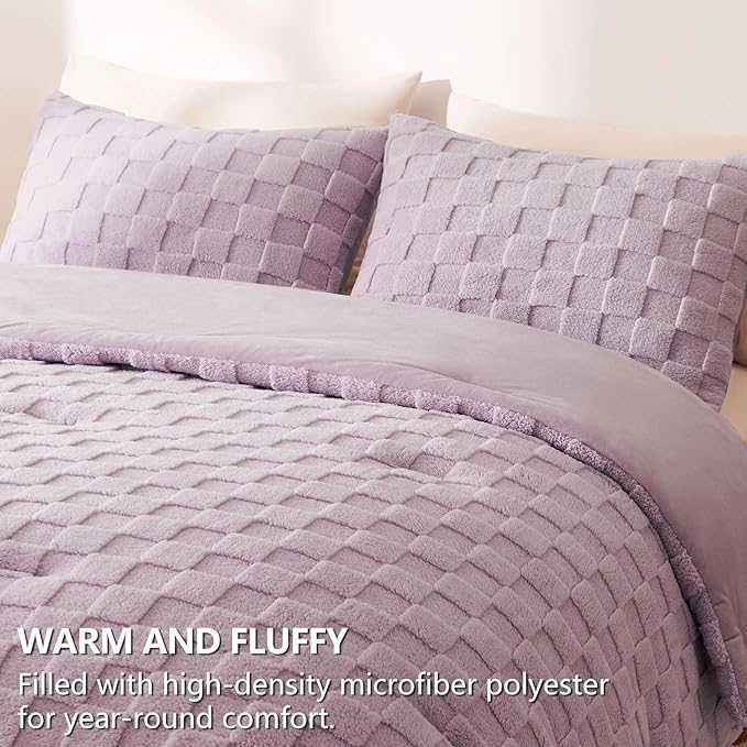 CozyLux Fleece King Comforter Set Light Purple,Super Soft & Warm Fluffy Bedding with Checkered Pattern,Luxury Fuzzy Heavy Bed Set for Winter,3 Pieces,1 Comforter and 2 Pillowcases