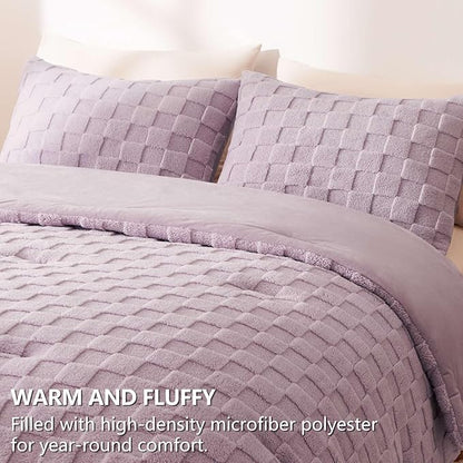 CozyLux Fleece King Comforter Set Light Purple,Super Soft & Warm Fluffy Bedding with Checkered Pattern,Luxury Fuzzy Heavy Bed Set for Winter,3 Pieces,1 Comforter and 2 Pillowcases