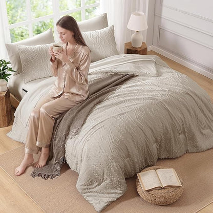 Full Size Comforter Set Beige, Tufted Boho Bedding Farmhouse Bed Set, All Season 7 Pieces Bed in a Bag with Sheets, Pillowcases & Shams