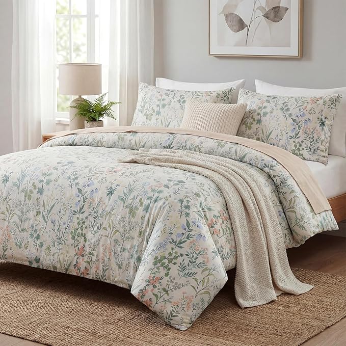 Green Floral Comforter Set Queen Size 100% Cotton Comforter 3 Pieces Soft Lightweight Reversible Retro Floral Bedding Sets for All Season