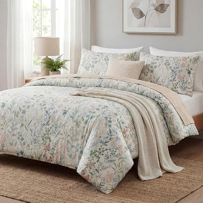 Green Floral Comforter Set King Size 100% Cotton Comforter 3 Pieces Soft Lightweight Reversible Retro Floral Bedding Sets for All Season