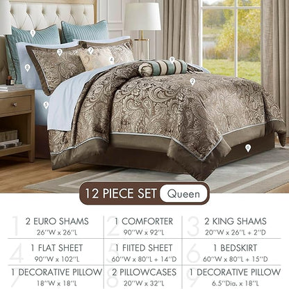 Madison Park Aubrey Cozy Comforter Set, Faux Silk Jacquard Paisley Design - All Season Down Alternative Bedding with Cotton Bed Sheets, Bed Skirt & Toss Pillows, Queen Blue 12 Piece