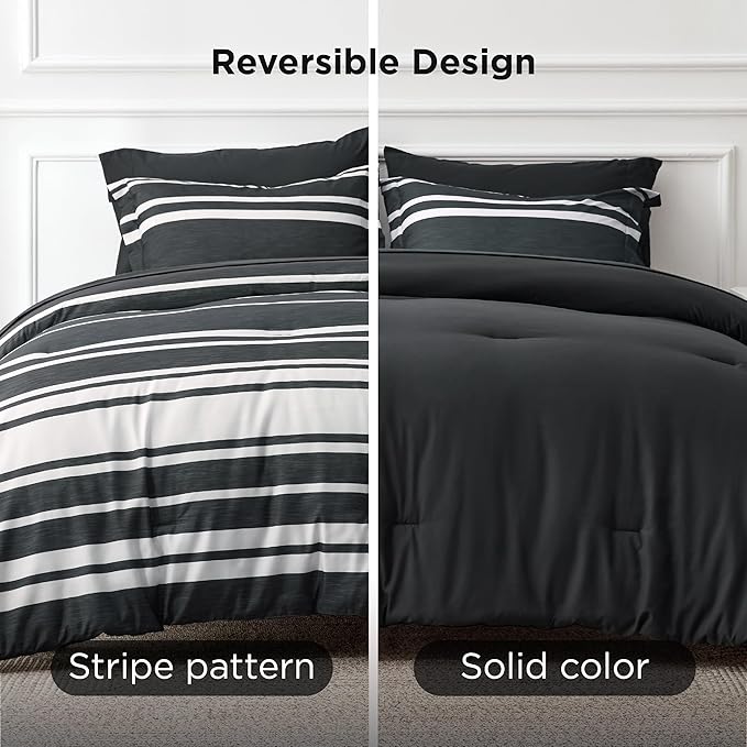 Bedsure Twin Comforter Set 5 Pieces, Black Striped Bedding Set for All Seasons, Reversible, Cationic Dyeing Bed in a Bag with Comforter, Sheets, Pillowcase & Sham