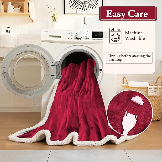 Electric Heated Blanket 72"x84" Full Size Flannel & Sherpa - 4 Heat Settings & 10H Auto Shut Off for Safe Overnight Use, Fast Heating, Machine Washable for Bed, Couch, Office - Red