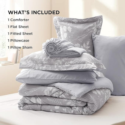 Bedsure Twin Comforter Set - 5 Pieces Floral Grey Soft Bedding Sets, Twin Bed in a Bag with Botanical Flowers Comforter, Sheets, Pillowcase & Sham