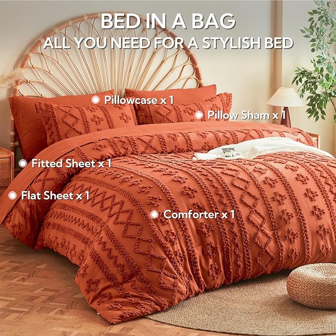 MR&HM Twin XL Comforter Set, Terracotta 5 Pieces Tufted Boho Beddding Sets, Farmhouse Style Bed in a Bag with 1 Comforter, 1 Pillow Sham, 1 Pillowcase, 1 Flat Sheet, 1 Fitted Sheet for College Dorm