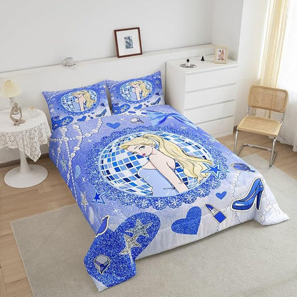 Princess Girly Kids Comforter Set Full Size,Bowknot High-heeled Shoes Lip Dreamy Bedding Set,Girls Women Room Decor,Glitter Sequin Star Diamond Down Comforter,Blue Noble Duvet Insert,2 Pillowcases