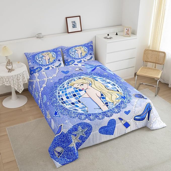 Princess Girly Kids Comforter Set Twin Size,Bowknot High-heeled Shoes Lip Dreamy Bedding Set,Girls Women Room Decor,Glitter Sequin Star Diamond Down Comforter,Blue Noble Duvet Insert,1 Pillowcase
