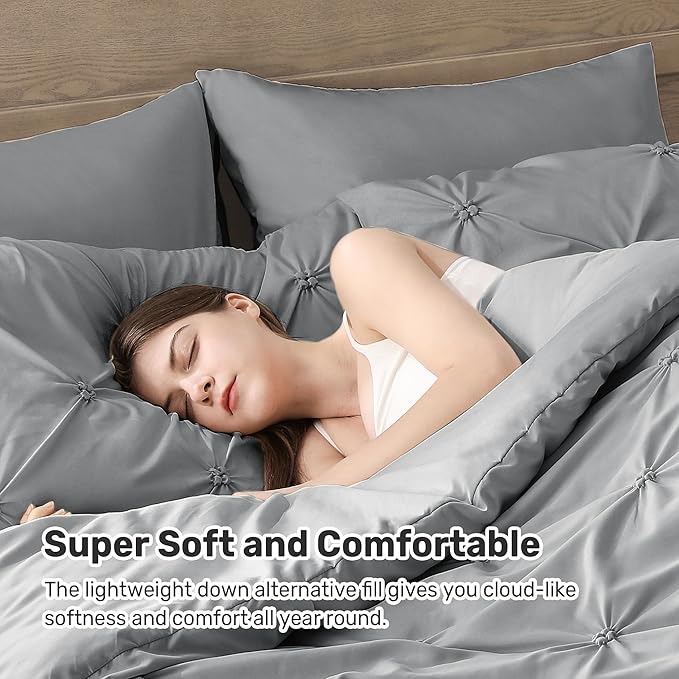 UNIKOME Queen Comforter Set Gray/Light Gray - Ultra Soft Boho Pintuck Down Alternative Bedding Set for All Seasons, 3 Pieces Lightweight Warm Pinch Pleat Bed Set with Comforter, 2 Pillowcases