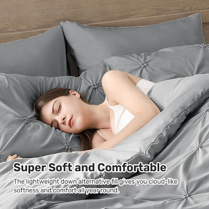 UNIKOME Queen Comforter Set Gray/Light Gray - Ultra Soft Boho Pintuck Down Alternative Bedding Set for All Seasons, 3 Pieces Lightweight Warm Pinch Pleat Bed Set with Comforter, 2 Pillowcases