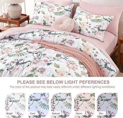 Anibedding 7Pieces Floral Queen Size Comforter Set, Garden Plant Style Bed in a Bag Pink Flower Bedding Comforter Set with Pillow Case for Bedroom
