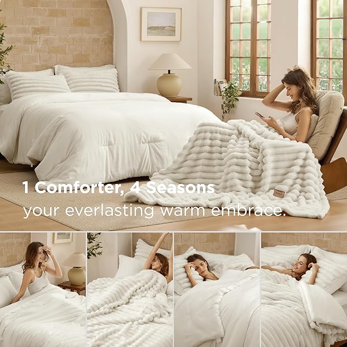 Bedsure Gentlesoft 2-in-1 Queen Comforter Set and Detachable Fluffy Blanket, Cream White Bedding Set for All Season Use, SnapTech Design for Space Saving (Includes 2 Pillow Shams, 2 Pillowcases)