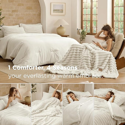 Bedsure Gentlesoft 2-in-1 Queen Comforter Set and Detachable Fluffy Blanket, Cream White Bedding Set for All Season Use, SnapTech Design for Space Saving (Includes 2 Pillow Shams, 2 Pillowcases)