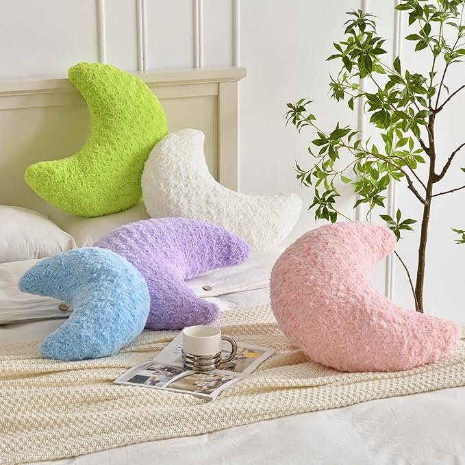 Moon Shaped Pillow with Soft Faux Fur for Couch, Bed, Sofa - Cute Half Moon Pillows with Room Decor for Bedroom, Living Room (19 Inches, Green)