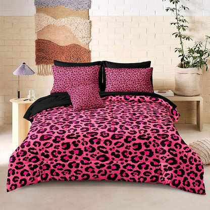 Leopard Print Comforter King Black and Pink Bedding Sets 8 Pcs Hot Pink Cheetah Animal Print Texture Wild Leopard Bed in A Bag with Comforter and Sheet Set
