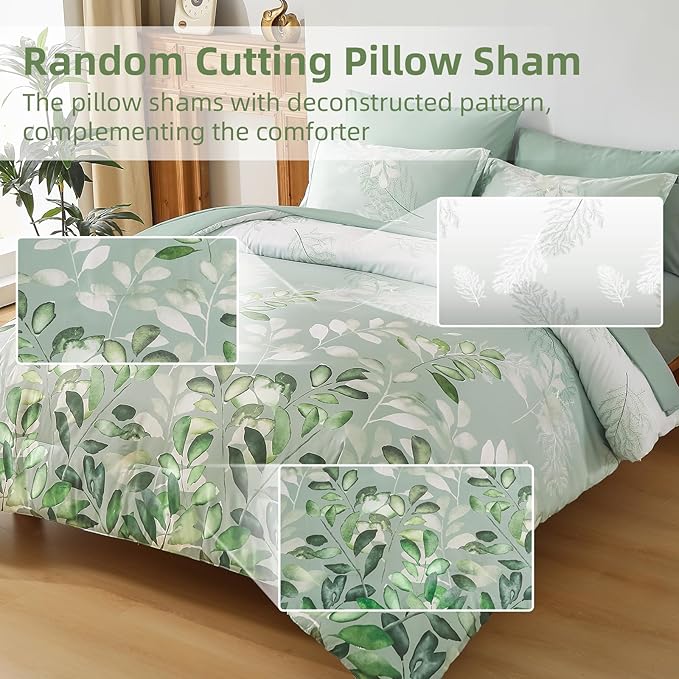 Anibedding Sage Green Queen Comforter Set, 7 Piece Botanical Gradient Leaves Ultra Soft Microfiber Down Alternative Bedding Set with Sheets and Bedroom for All Season