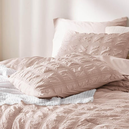Bedsure Bed in a Bag Queen - 7 Pieces Plaid Seersucker Bedding Comforter Sets, Soft Lightweight Rose Dust Boho Bed Set with Comforters Queen Size, Sheets, Pillowcases & Shams