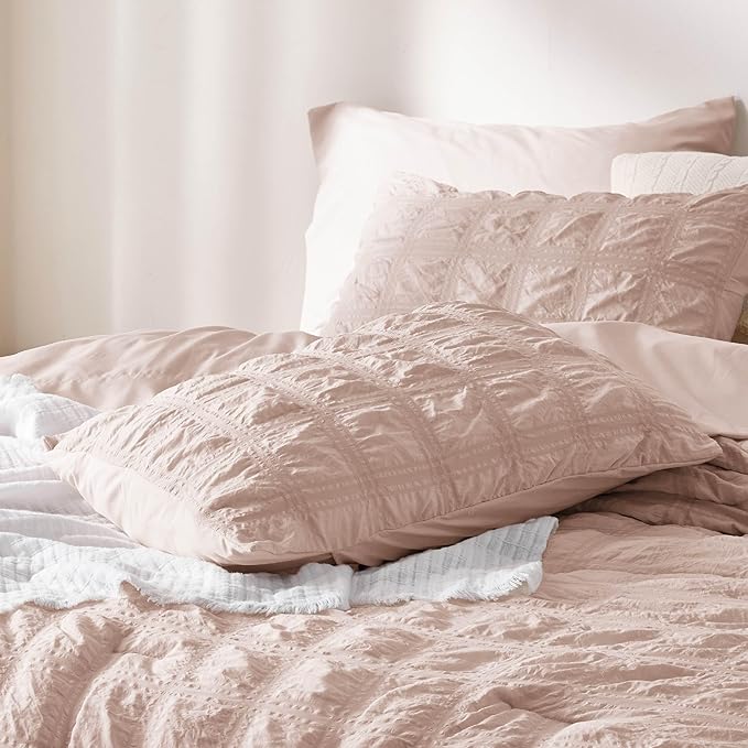 Bedsure Bed in a Bag Twin - 5 Pieces Plaid Seersucker Bedding Comforter Sets, Soft Lightweight Rose Dust Boho Bed Set with Comforters Twin Size, Sheets, Pillowcase & Sham